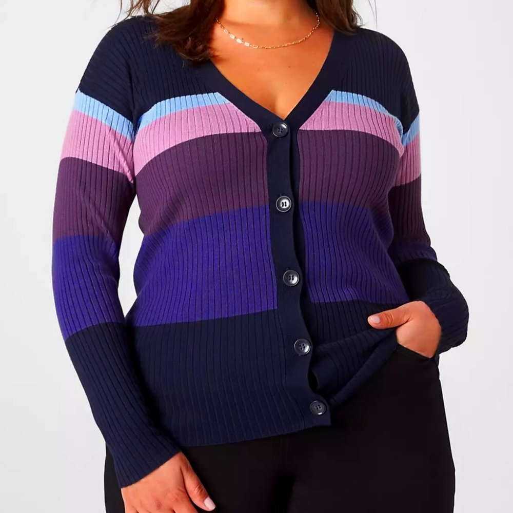 Lane Bryant Ribbed Cardigan Button Front Size 22/24 V Neck Striped‎ Print.B112